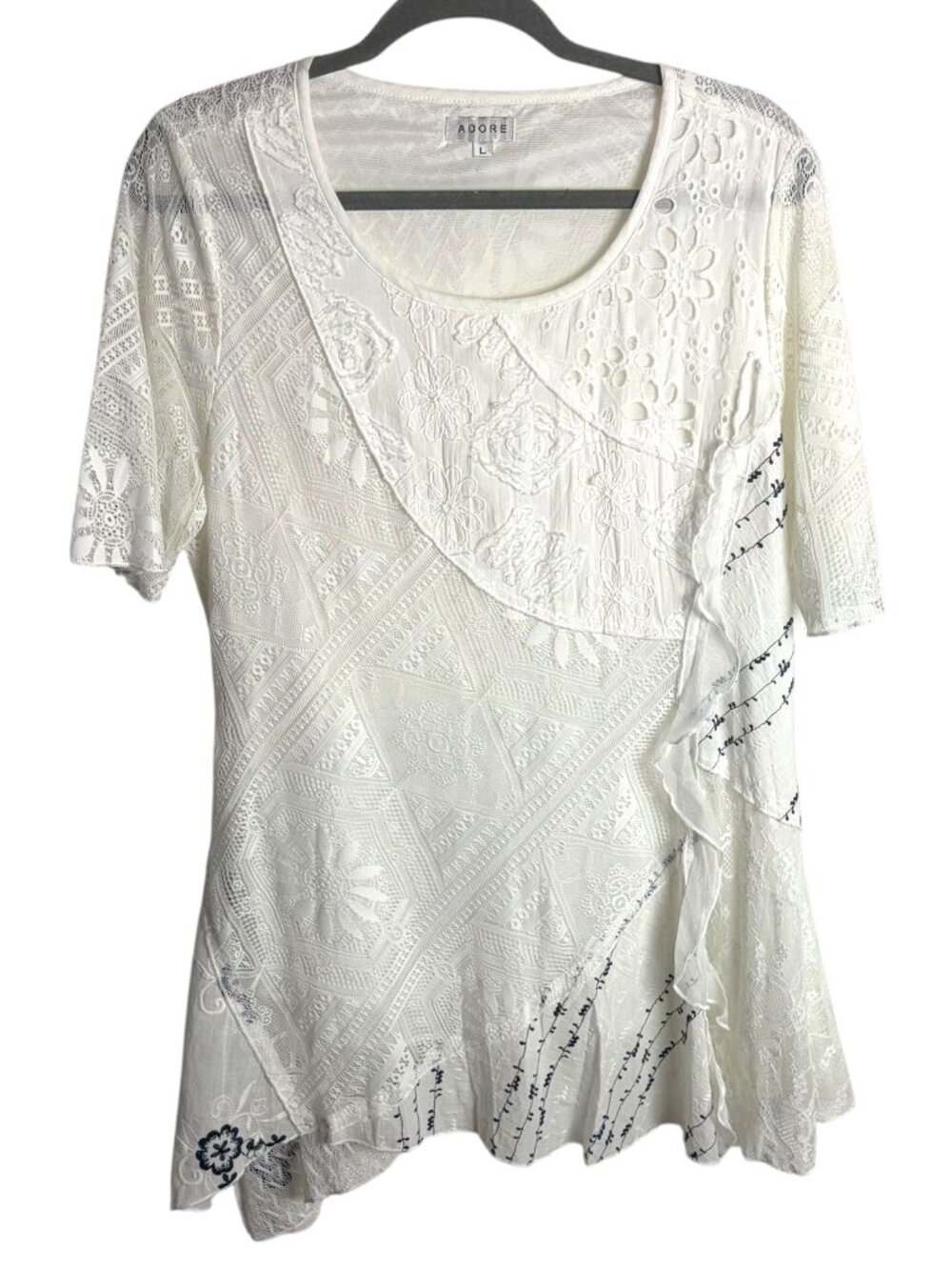 Adore Size L Lace Tunic Top Blouse White Lace Ruffle Patchwork Artsy Layered